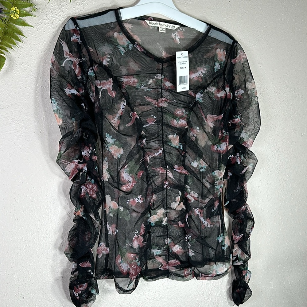 NWT Blouse Hippy Laundry black pink sheer ruched medium flamingo - Picture 3 of 8